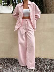 Livesso Tall Set Kemeja Longgar dan Celana Panjang Wanita Gaya Liburan Warna Pink untuk Musim Gugur - Berwarna merah muda - View 4
