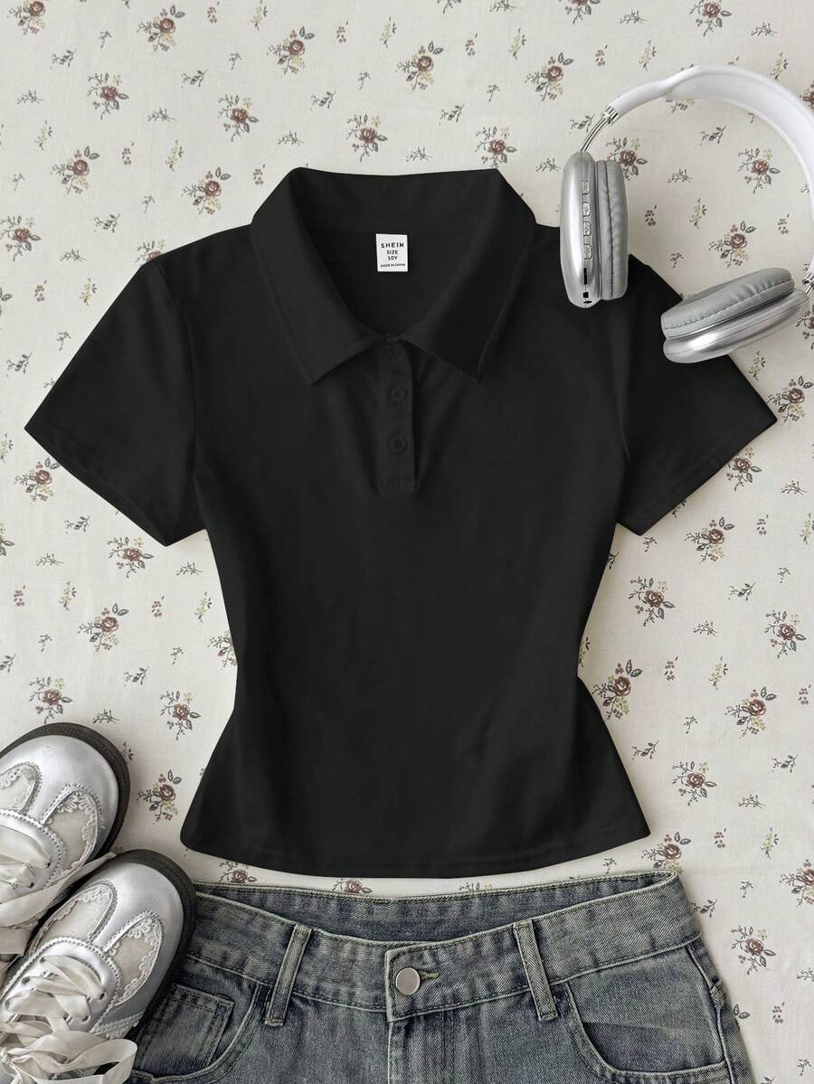 Tween女孩黑色純色休閒極簡半開扣 Polo 領修身短袖 T-shirt - 黑色 - 查看 1