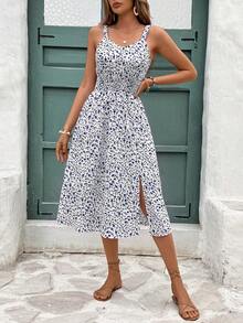 SHEIN Frenchy Women's All-Over Print Slit Design Casual Everyday Summer Mid-Length Dress - Blue and White - View 6
