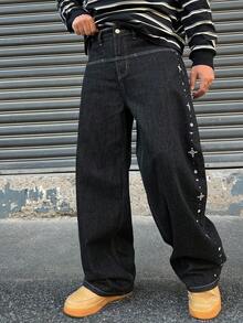 DAZY Jeans de hombre para primavera con botones de strass y decoración de perlas falsas - Negro - Ver 6