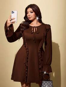 Viva Relle Plus Size Women's Solid Color Collar Patchwork Ruffle Hem Fashion Dress - Brown - View 2