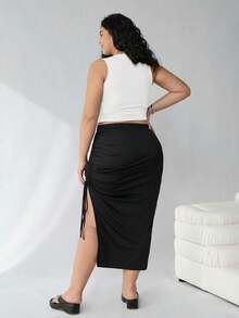 Solflare 2pcs/Set Plus Size Women Black Sleeveless Tank Top & Drawstring Waist Skirt Clothes, Spring Summer - Black and White - View 2