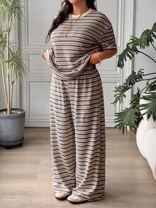 SHEIN EZwear 大尺碼女款棕色拼色短袖上衣與長褲兩件套，適合辦公、度假、夏季，1960年代與90年代風格 - 彩色 - 查看 6