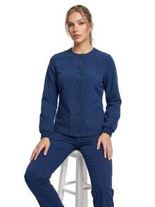 TaskEZ Deep Blue Long Sleeve Ribbed Cuff Crew Neck Multi-Pocket Convenient Comfortable Scrub Jacket - Blue - View 6