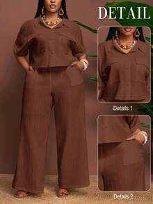 Slaydiva Spring/Summer New Elegant Commute & Casual & Vacation Loose Solid White Raglan Sleeve Roll-Up Cuff Cargo Pocket Cropped Shirt And Extra Long Wide Leg Pants 2 Pieces Set, Plus Size - A, Summer Outfits - Rust Brown - View 8