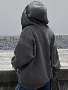 Dazy Plus Plus Size Letter Embroidered Loose Fit Double Zipper Thermal Lined Thick Hooded Sweatshirt - Dark Grey - View 2