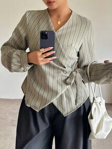 Dazy Plus Fashion Striped V-Neck Asymmetric Placket Tie-Front Long Sleeve Commuter Blouse, Spring/Autumn - Olive Green - View 4