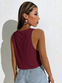 SHEIN EZwear 女款休閒寬鬆深U領短版背心 - 酒紅色 - 查看 2
