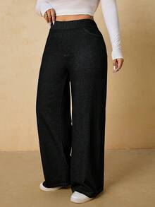 SHEIN Tall CURVE 冬夏大尺碼純色休閒舒適高彈力針織藍色水洗直筒牛仔褲 - 黑色 - 查看 6