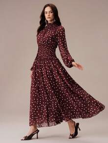 BELROSIE Autumn White Polka Dot Contrast Print Chiffon Shirred Waist Stand Collar Long Sleeve Full Skirt Women's Dress, Elegant Vintage Brunch Tea Party - Multicolor - View 5