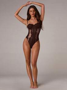 SHEIN BAE 女款性感蕾絲波點網紗拼接細肩帶背心 - 咖啡棕 - 查看 2