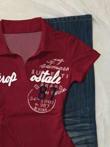 IslaSuriya Women's Casual Letter Print T-Shirt, Summer - Burgundy - View 3