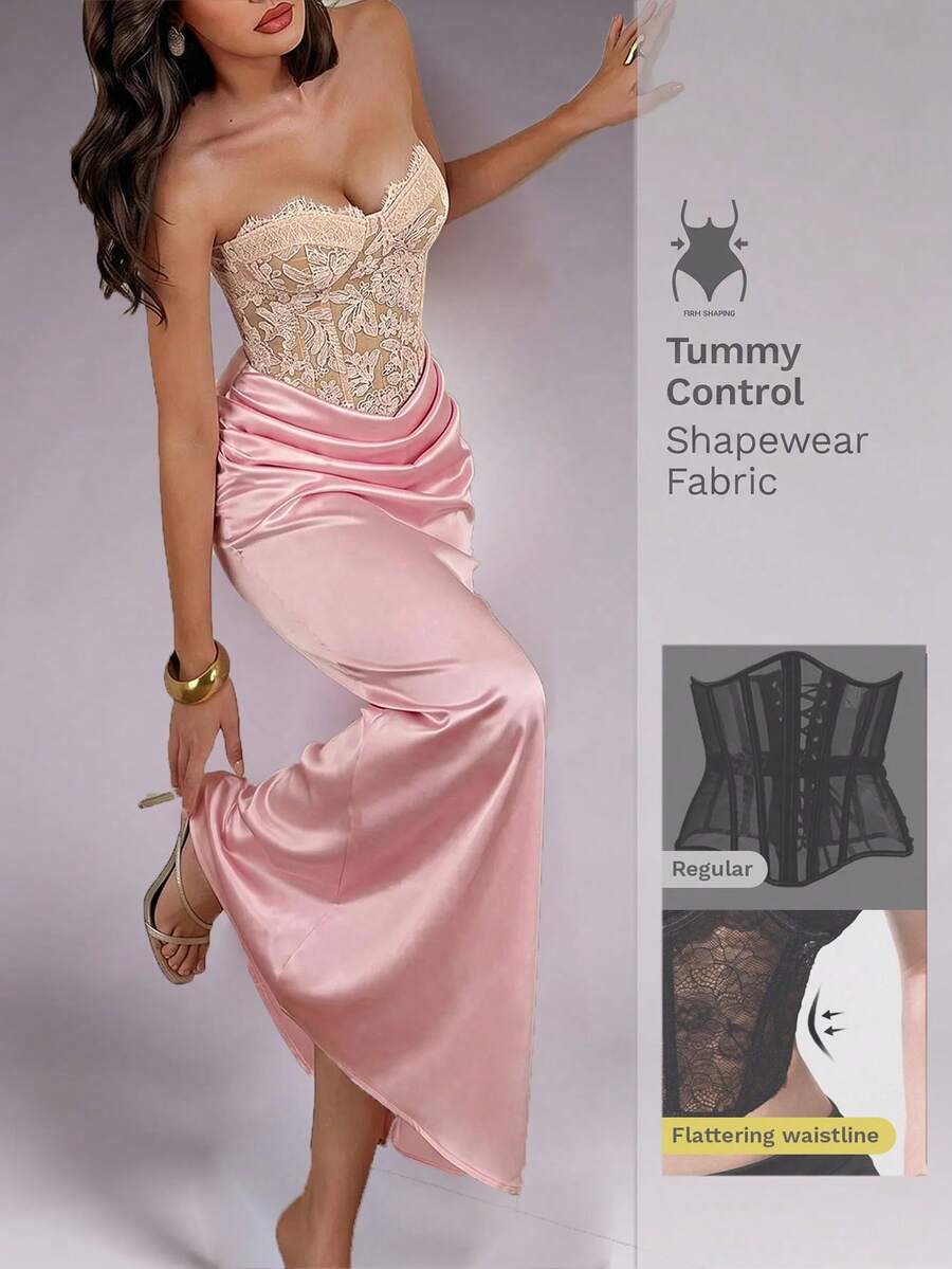 Nuvra Women's Lace Patchwork Ruched Elegant Waist-Cinched Strapless Dress For Party - Pink - View 1