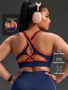 Powerista Women's Plus Size Seamless Sports Bra With Trim And Back Cutout For Daily Fitness - Navy Blue - View 9
