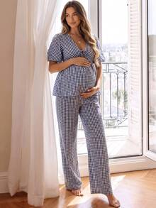 GentleRue Maternity 两件套：系带格子衬衫和阔腿裤 - 寶藍色 - 查看 8
