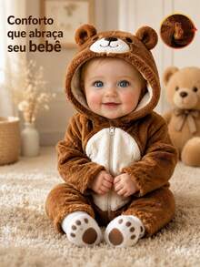 SHEIN Playful Pals Winter Warm Hooded One-Piece Baby Costume - Coffee Brown - View 1