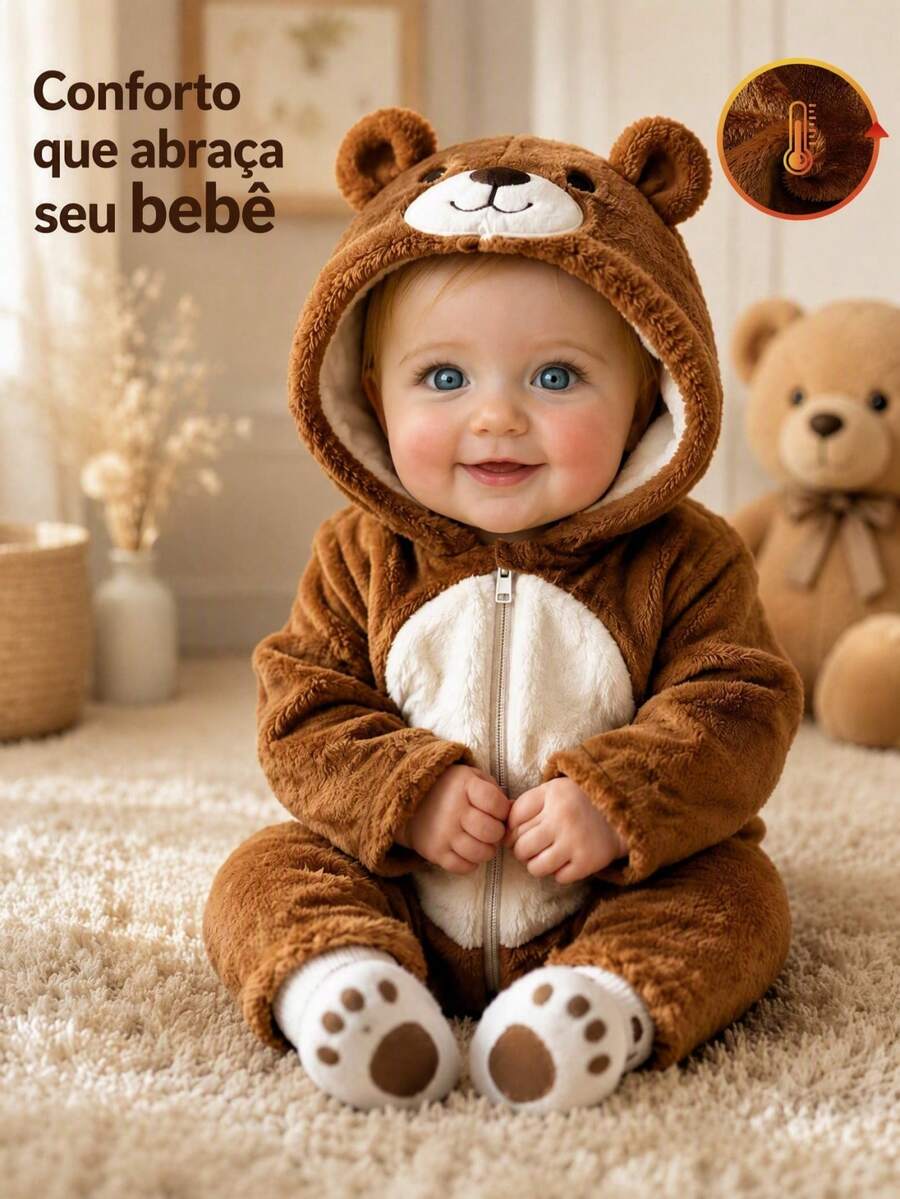 SHEIN Playful Pals Winter Warm Hooded One-Piece Baby Costume - Coffee Brown - View 1