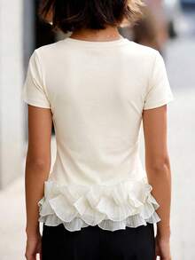 SHEIN Women's Elegant  White Short Sleeve Tee, Casual Crew Neck Top With Delicate Ruffle Hem, Versatile For Summer Outfits, Vacation And Daily Casual Wear - Apricot - View 3