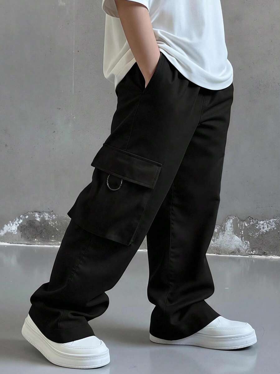 SHEIN 青少年男孩休閒日常舒適工裝直筒寬鬆長褲，黑色工裝褲，新年，六七歲，適合外出、出遊、上學，春、夏、秋、冬