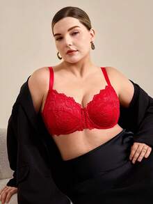 Hourtrue Plus Size Red Lace Bra, Comfortable Full Coverage Unpadded Bra With Front Hollow Tie Design - Red - View 8