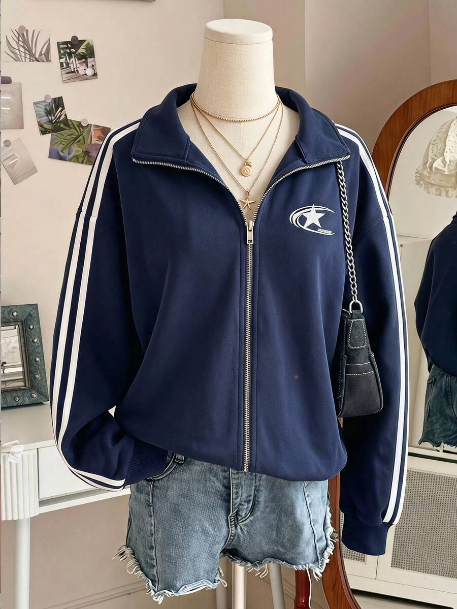 SHEIN 青少年女孩返校季秋冬運動衫,海軍藍雙側條紋拉鍊夾克,星星圖案立領寬鬆休閒運動外套 - 藍色 - 查看 1