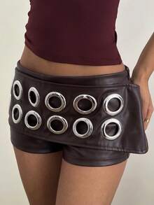 Aloruh Women's Ultra Low Waist Music Festival Hot Sexy Super Short Shorts With Rivets, Cutouts, Tie Dye PU Brown Hot Pants - Brown - View 7