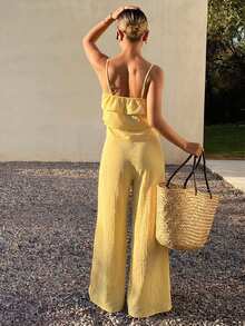 Livesso Women's 2 Pieces Summer Holiday Set With Yellow Ruffle Camisole Top And Casual Long Pants Thin Clothing - Yellow - View 8