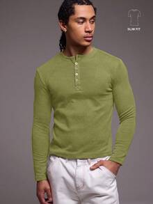 Musero Camiseta de manga larga con tejido de gofre y botones delanteros para hombre, capa superior para primavera&verano - Verde Oliva - Ver 1