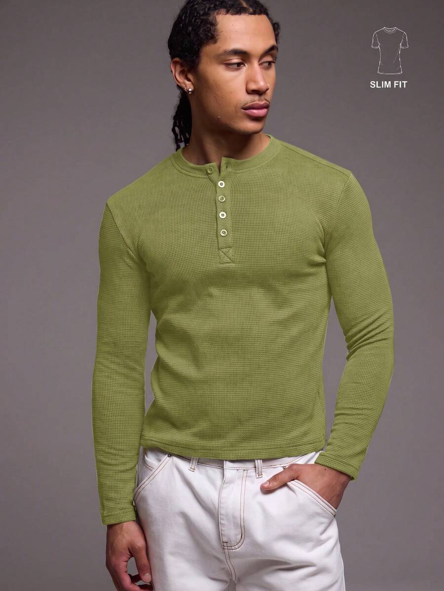 Musero Camiseta de manga larga con tejido de gofre y botones delanteros para hombre, capa superior para primavera&verano - Verde Oliva - Ver 1