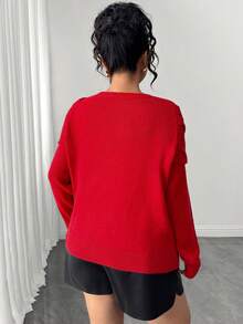 Elenzga Plus Size Metal Buckle Twisted Knit Pullover Sweater Winter - Red - View 2