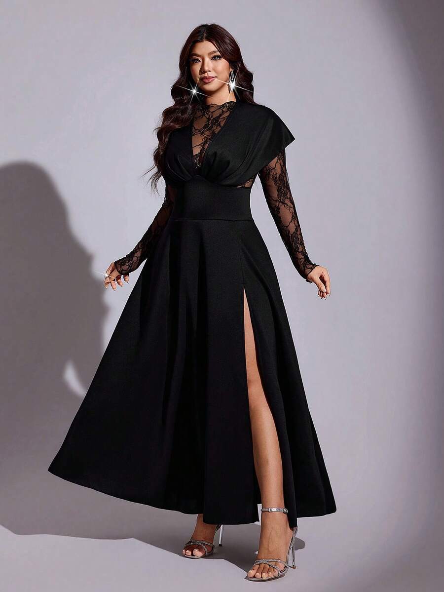 Viva Relle Plus Size Women's Sexy Lace Dress With Side Slit Hem Fall - Black - View 1
