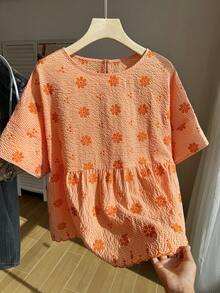Comfortcana 女款大尺碼韓風刺繡圓領上衣，適合度假旅行、半正式場合，蜜桃色夏季可愛卡哇伊風 - 橘色 - 查看 7