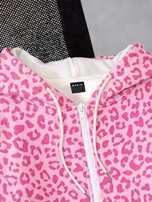 SHEIN EZwear 豹紋粉色可愛豹紋寬鬆舒適拉鍊連帽衛衣，適合秋冬，街頭風、機場風、時尚、Y2K風格 - 彩色 - 查看 4