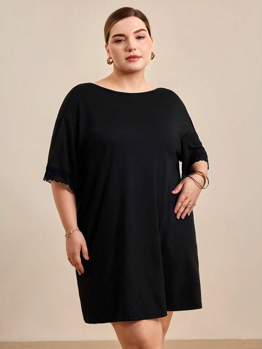 Hourtrue Camisola Casual de Malha Preta com Renda Plus Size, Moo Moo - Preto - Visão 1