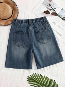 SHEIN Teen Girl Fashion Rhinestone Button Pocket Denim Shorts For Daily Wear - Dark Wash - View 2
