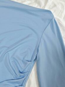 Lalippa Women's Solid Color Off-Shoulder Pleated Casual Versatile Daily Wear Top - Baby Blue - View 3