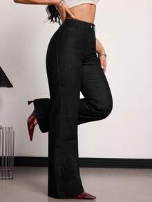 SHEIN Tall 女款高腰口袋寬腿鬆垮休閒百搭牛仔褲，春夏情人節婚禮優雅丹寧牛仔褲，適合高個女性 - 黑色 - 查看 7