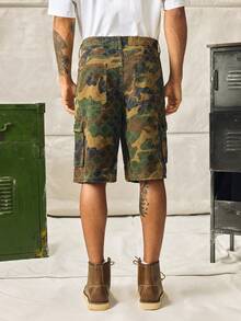 Men's Summer Camouflage Diamond Crochet Cargo Denim Shorts, Loose Wide Leg - Army Green - View 2
