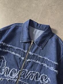 ROMWE MEN Street Life Men's Letter Patchwork Zipper Placket Short Sleeve Denim Shirt - Royal Blue - View 7