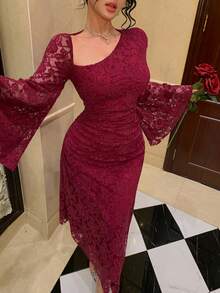 DAZY 女士优雅蕾丝不对称褶皱长连衣裙，春夏情人节婚礼宾客礼服/吊带裙 - 紅色 - 查看 10
