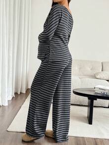 SHEIN Setelan Hamil 2 Potong: Atasan Bergaris Blok Warna dengan Hem Asimetris dan Celana Panjang Kasual dengan Tali Serut di Pinggang (Musim Gugur) - Dark Grey - View 2
