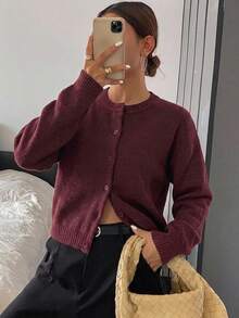 DAZY Cárdigan de punto de lana rojo minimalista de unicolor para mujeres - Burdeos - Ver 8
