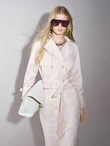 MOTF PREMIUM SPRING/AUTUMN MINIMALIST FRENCH ELEGANT COMMUTER OFFICE CRISP FABRIC LAPEL DOUBLE-BREASTED CINCHED WAIST TIE SOFT PINK WOMEN'S LONG SLEEVE TRENCH COAT - Khaki - View 4