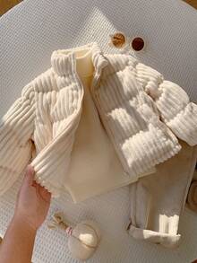 SHEIN Baby Boy Solid Color Versatile Comfortable Long Sleeve Thick Open Front Jacket Fall/Winter Clothes - Apricot - View 4