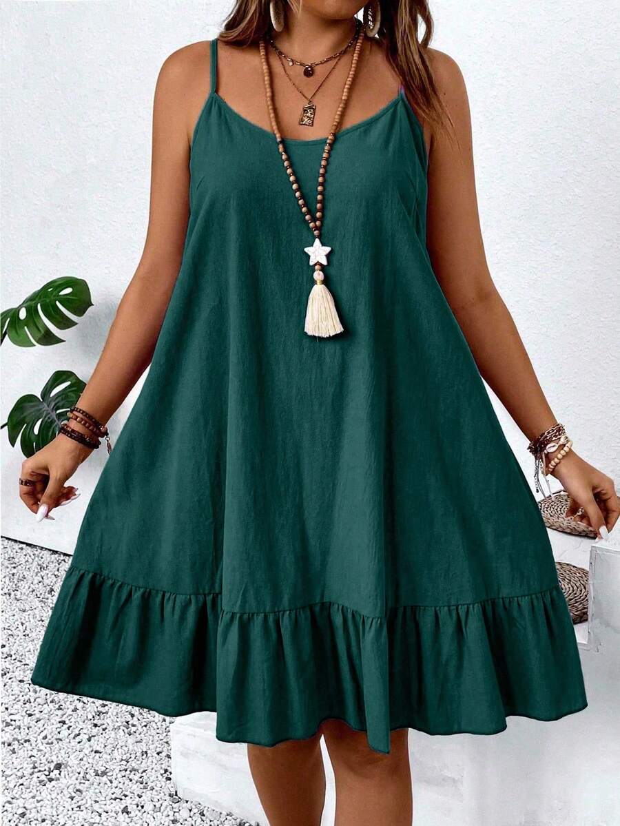 EMERY ROSE Vestido camisola de talla grande con volantes en el bajo para vacaciones - Verde Oscuro - Ver 1