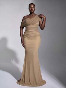 Elitara Plus Size Elegant Romantic Mesh One Shoulder Ruched Decor Fitted Bodycon Long Evening Dress For Women, Wedding Events, All Formal Occasions, Bridesmaid Dress - Khaki - View 7