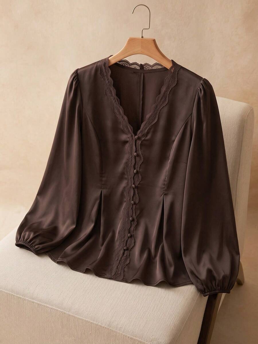 Elaquor Plus Size Women's Lace Trim Pleated Casual Versatile Daily Wear Blouse
