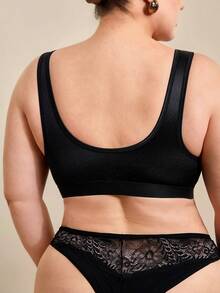 Hourtrue Plus Size Women's Soft Breathable Wireless Lace Bra, Full Coverage Comfortable Solid Color Camisole - Black - View 3