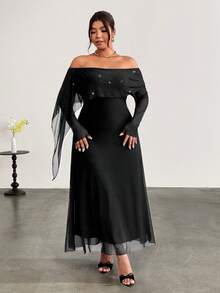 Firerie Plus Size Cold Shoulder Black Mesh Sequin Patchwork Cinched Waist Flared Mermaid Maxi Dress/Party Cocktail Formal Autumn Elegant Fall - Black - View 6