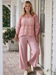 Zaforene Plus Size Women's Autumn Casual Elegant Vacation Hollow Lace Top And Wide Leg Pants 2 Pieces Set, Light Pink With Pockets Tea Party Formal - Dusty Pink - View 2